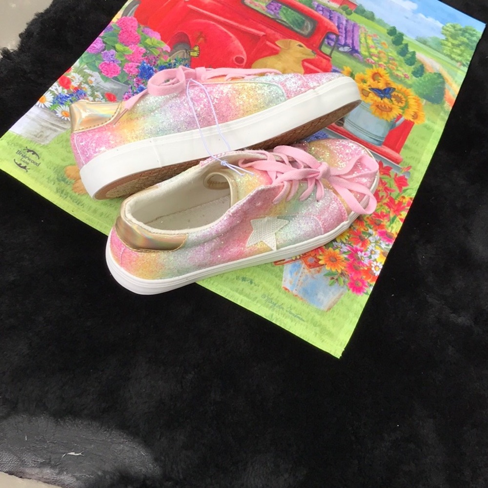 NWOT US Sports Pink Glitter Rainbow + Star Tie Sneakers Casual Shoes Girls 4